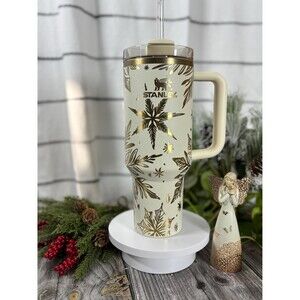 40oz Custom Engraved Etched Stanley Winter Christmas Cup, Snowflakes, Cream Moon